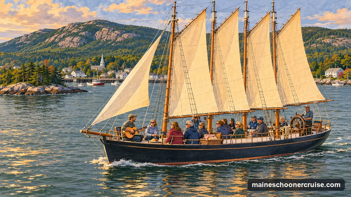 Illustration: a four-masted wooden schooner under cream sails on Frenchman Bay in late-afternoon light, a guitarist playing to guests on deck, the wooded mountains of Mount Desert Island behind