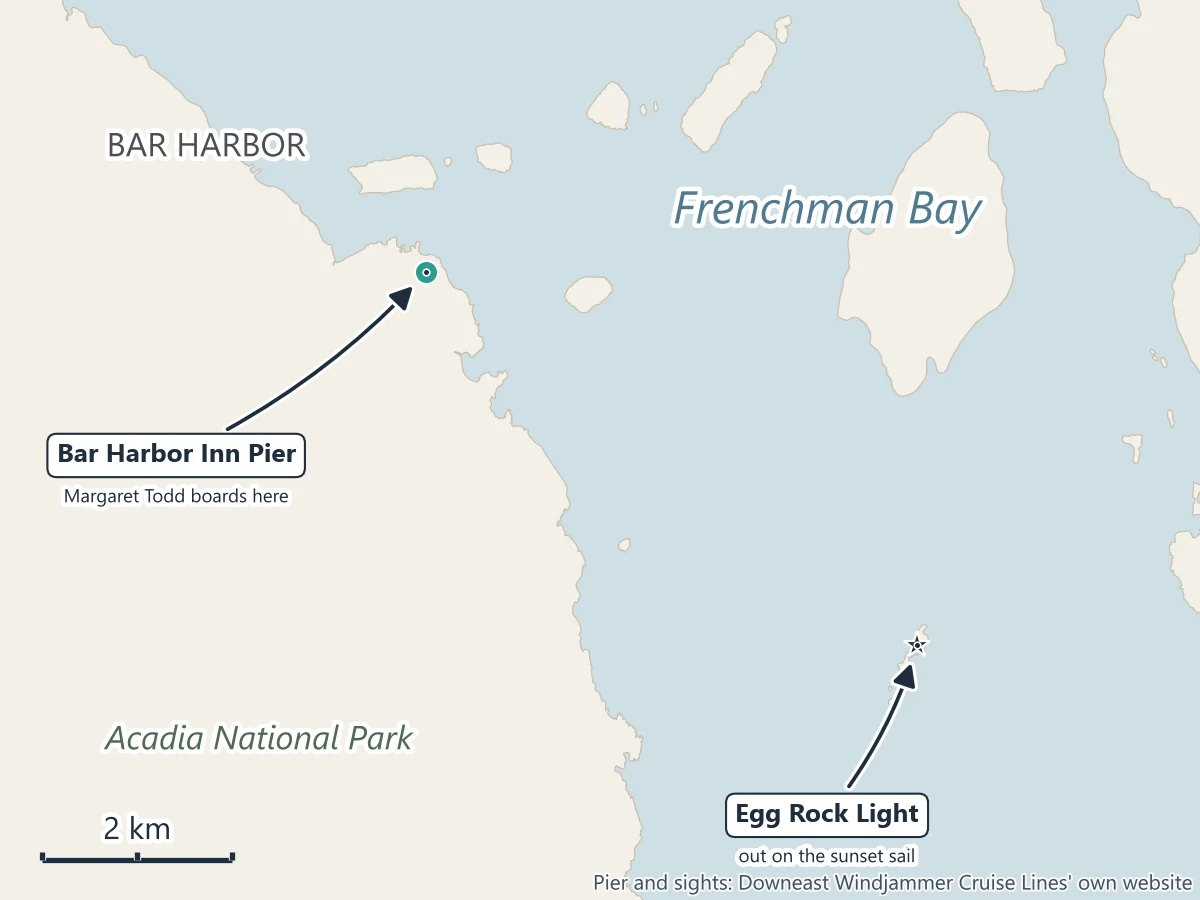Map of Frenchman Bay off Bar Harbor: the Bar Harbor Inn Pier, where the Margaret Todd boards, the islands of the bay, Egg Rock Light at its mouth and the shore of Acadia National Park