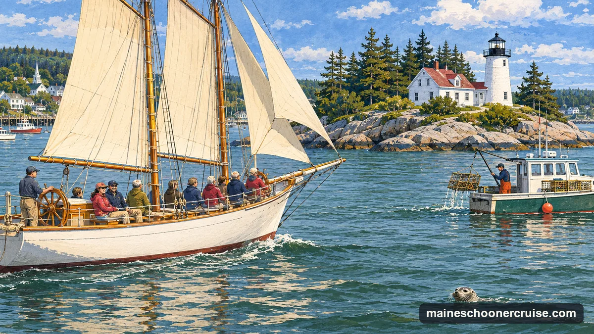 Illustration: a white-hulled schooner sailing past a small rocky island with a white lighthouse among spruce trees off Boothbay Harbor, a lobster boat hauling a trap nearby