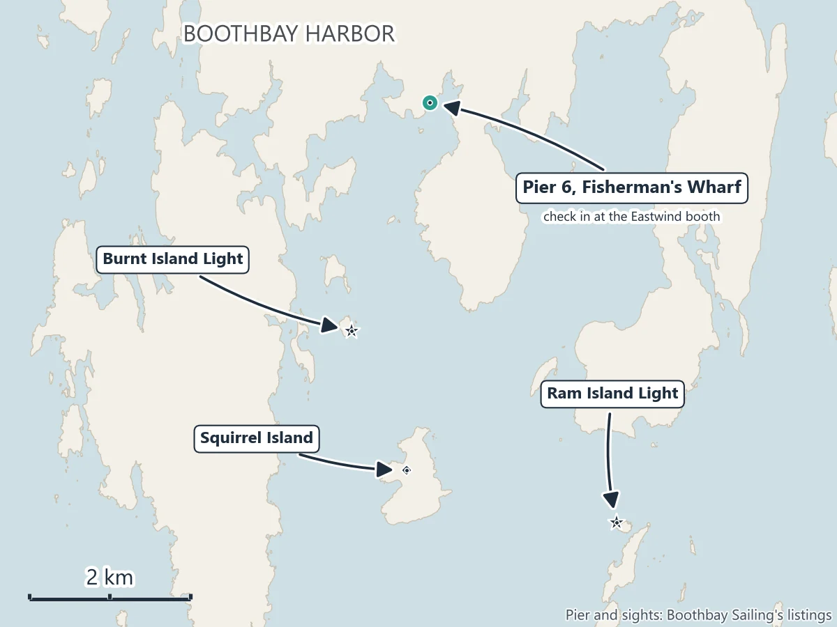 Map of Boothbay Harbor: Pier 6 at Fisherman's Wharf, where Eastwind and Applejack check in, Burnt Island Light, Squirrel Island and Ram Island Light on the way out to the Gulf of Maine