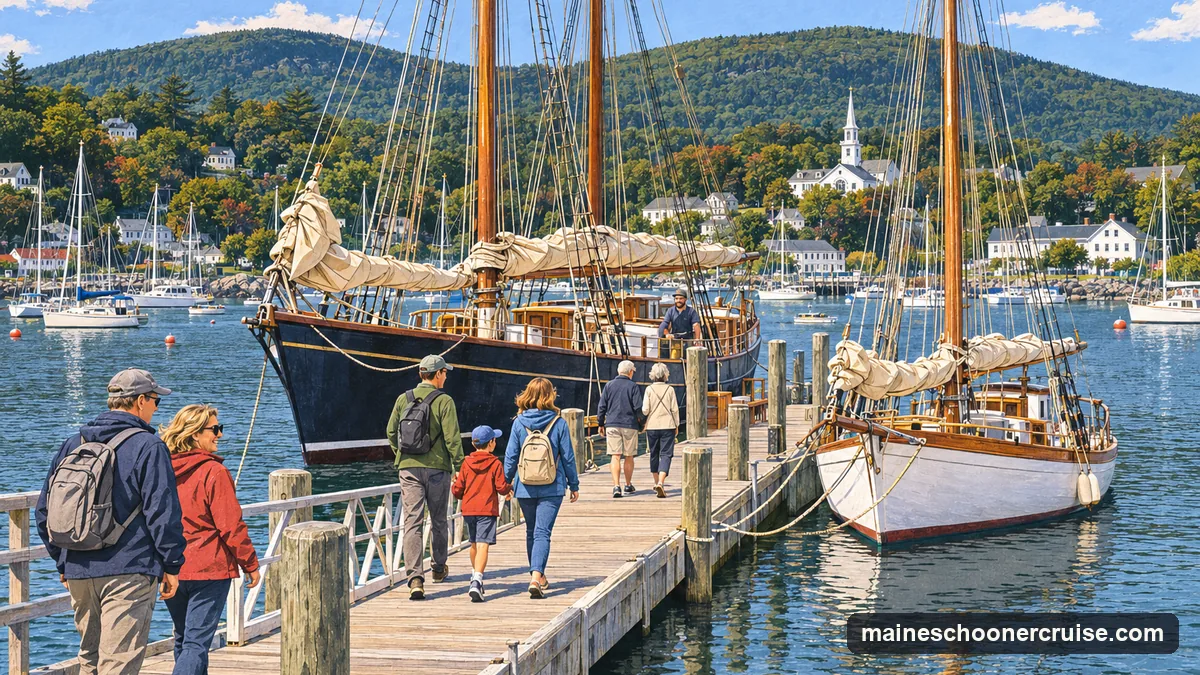 Illustration: guests walking along the float at Camden's public landing toward two wooden schooners tied up with their sails furled, the harbor and the Camden Hills behind