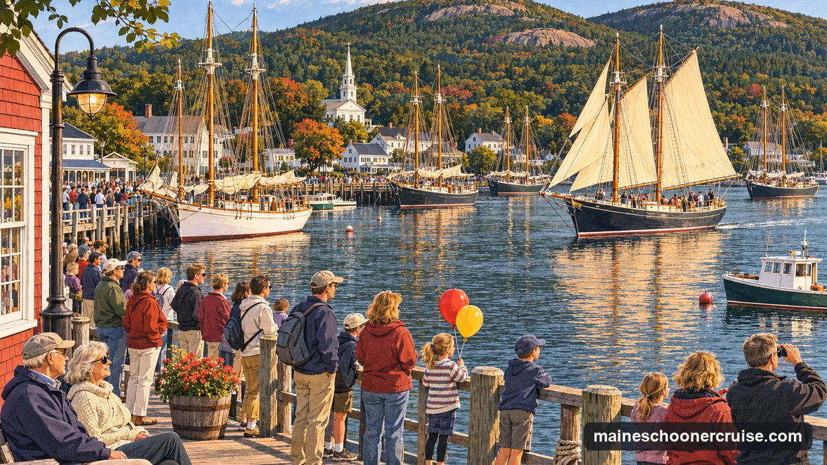 Illustration: several wooden windjammers gathering in Camden Harbor on a late-summer afternoon, crowds watching from the public landing, the Camden Hills behind