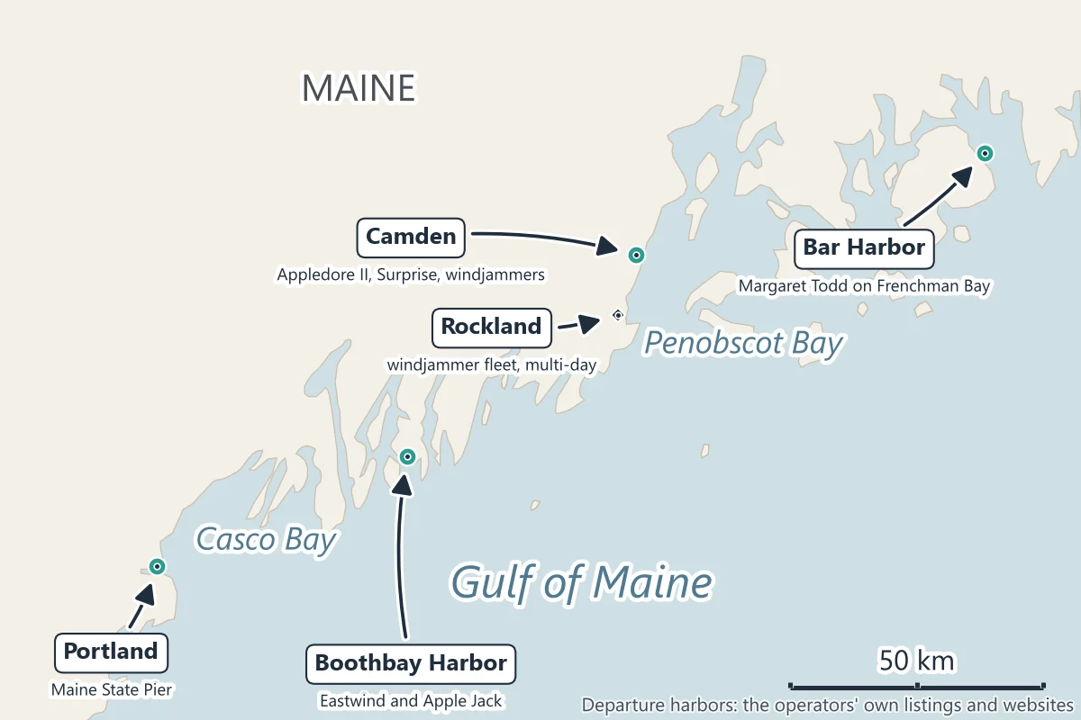Map of the Maine coast schooner harbors: Portland on Casco Bay, Boothbay Harbor, Rockland and Camden on Penobscot Bay, and Bar Harbor on Frenchman Bay, with the windjammer home ports at Camden and Rockland