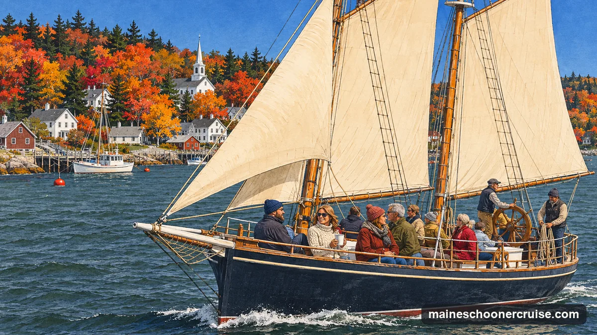 Illustration: a wooden schooner sailing out of a Maine harbor in early October past spruce and maples in autumn colour, guests in sweaters and knit hats on deck
