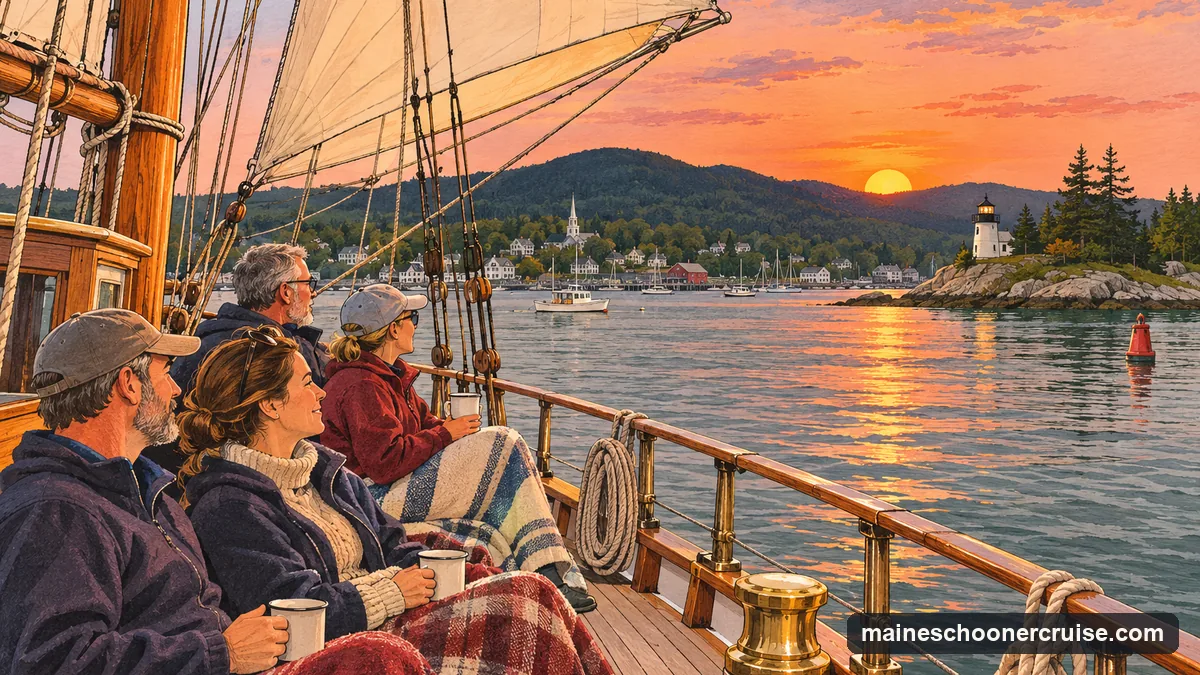 Illustration: guests with blankets on the deck of a schooner as the sun sets behind the dark Camden Hills, a small lighthouse on a rocky island in the last light