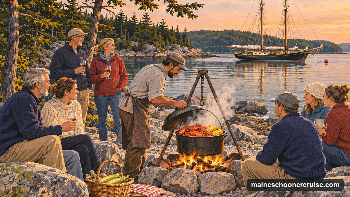 Illustration: guests around a lobster bake fire on a rocky island beach in Penobscot Bay in early-evening light, a two-masted windjammer at anchor in the cove behind