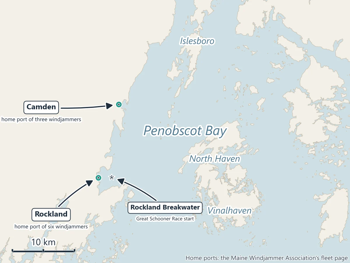 Map of Penobscot Bay and the windjammer home ports: Camden, home port of three windjammers, and Rockland, home port of six, with the Rockland Breakwater where the Great Schooner Race starts, and the islands of Islesboro, North Haven and Vinalhaven