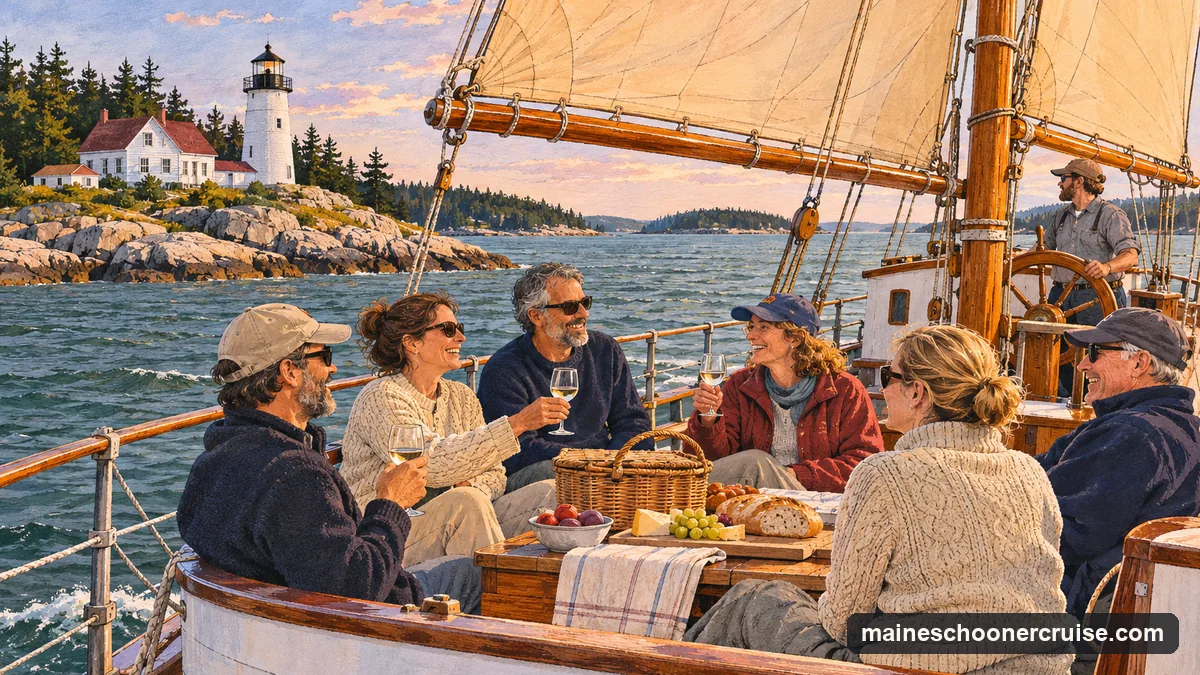 Illustration: friends with a picnic and plain wine glasses on the deck of a white-hulled schooner sailing past a white lighthouse on a rocky headland on Casco Bay in early-evening light